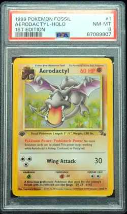 1st Edition Aerodactyl 1/62 PSA 8 Fossil Holo Pokemon Card - Image 1