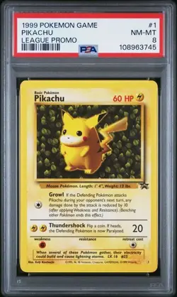 1999 POKEMON LEAGUE PROMO #1 PIKACHU LEAGUE PROMO BLACK STAR PSA 8 NM-MT - Image 1