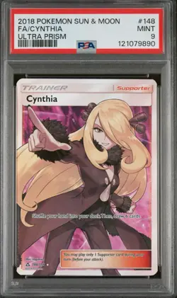 2018 Pokemon Sun & Moon Full Art Cynthia 148/156 Ultra Prism PSA 9 Mint Trainer - Image 1