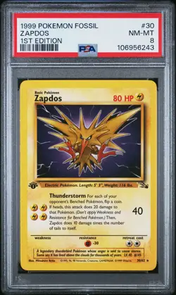 1999 POKEMON FOSSIL 1ST EDITION #30 ZAPDOS PSA 8 - Image 1