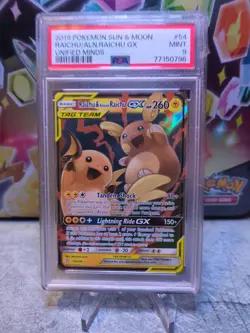 2019 POKEMON SUN & MOON UNIFIED MINDS #54 RAICHU & ALOLAN RAICHU GX PSA 9 - Image 1