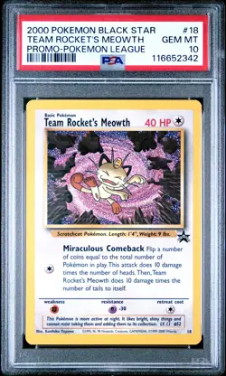 2000 POKEMON PROMO BLACK STAR POKEMON LEAGUE #18 TEAM ROCKET'S MEOWTH PSA 10 - Image 1