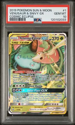 2019 POKEMON SUN & MOON COSMIC ECLIPSE #1 VENUSAUR & SNIVY GX PSA 10 - Image 1