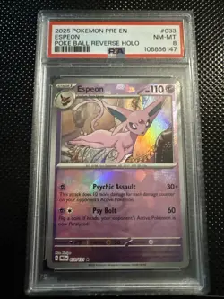 2025 POKEMON PRE EN-PRISMATIC EVOLUTIONS POKE BALL REVERSE HOLO ESPEON PSA 9 - Image 1