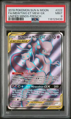 Carte Pokemon Mewtwo et Mew GX 222/236 PSA 9 Harmonie des esprits soleil lune - Image 1