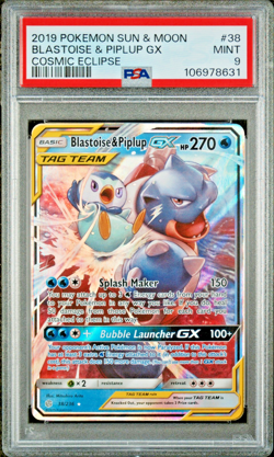 2019 POKEMON SUN & MOON COSMIC ECLIPSE 38/236 BLASTOISE & PIPLUP GX PSA 9 MINT - Image 1