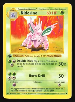 Pokemon Nidorino 37/102 WotC Base Set Shadowless 1st Edition Uncommon MP - Image 1