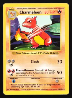 Pokemon Charmeleon 24/102 WotC Base Set Shadowless Unlimited MP - Image 1