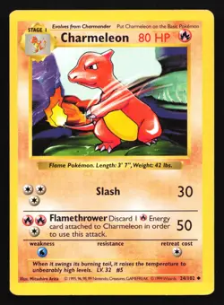 Pokemon Charmeleon 24/102 WotC Base Set Shadowless Unlimited MP - Image 1