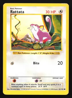 Pokemon Rattata 61/102 WotC Base Set Shadowless Unlimited MP - Image 1