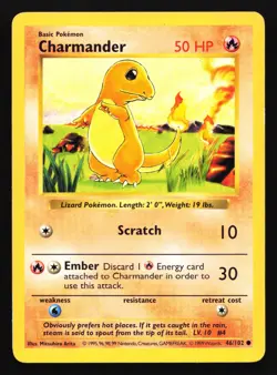 Pokemon Charmander 46/102 WotC Base Set Shadowless Unlimited MP - Image 1