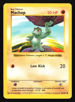Pokemon Machop 52/102 WotC Base Set Shadowless Unlimited MP - Image 1