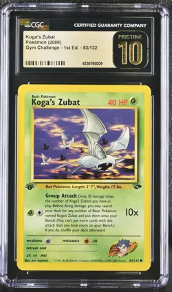 CGC 10 Pristine Koga's Zubat 83/132 1st Edition Gym Challenge 2000 Pokemon Card - Image 1