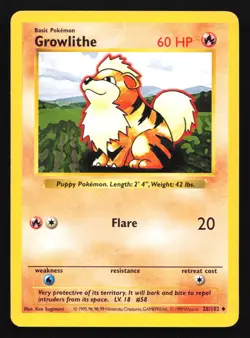 Pokemon Growlithe 28/102 WotC Base Set Shadowless Unlimited LP - Image 1
