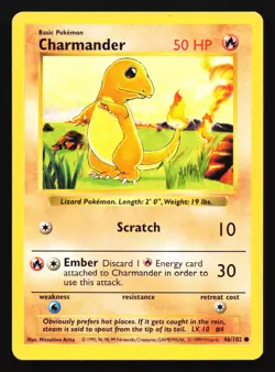 Pokemon Charmander 46/102 WotC Base Set Shadowless Unlimited LP - Image 1
