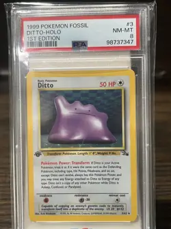 1st Edition Ditto 3/62 PSA 8 Fossil Holo Pokemon Card - Image 1