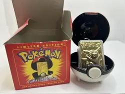 23K Gold Plated PIKACHU Trading Card 1999 Burger King Pokemon Ball w/Box - Image 1
