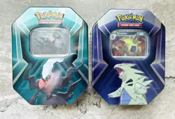 New Sealed Pokemon Tyranitar & Darkrai Triple Whammy Tin Booster Packs - Image 1