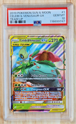 2019 POKEMON SUN & MOON TEAM UP #1 CELEBI & VENUSAUR GX - PSA 10 - Image 1