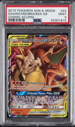 2019 POKEMON SUN & MOON COSMIC ECLIPSE #22 CHARIZARD & BRAIXEN GX PSA 9 - Image 1