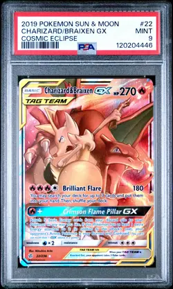 2019 POKEMON SUN & MOON COSMIC ECLIPSE #22 CHARIZARD & BRAIXEN GX PSA 9 - Image 1