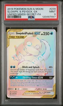 Pokemon Slowpoke and Psyduck GX Tag Team Card Unified Minds 239/236 PSA 9 - Image 1