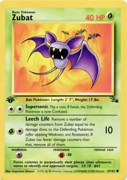 1st Ed Zubat Non-Holo WOTC Pokemon Card 57/62 Fossil Set NM - Image 1