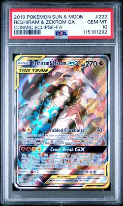 2019 POKEMON SUN & MOON COSMIC ECLIPSE #222 FULL ART/RESHIRAM & ZEKROM GX PSA 10 - Image 1