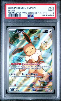2025 POKEMON PRISMATIC EVOLUTIONS POKEMON CENTER ETB PROMO #173 EEVEE PSA 9 - Image 1