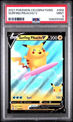 2021 POKEMON CELEBRATIONS #008 SURFING PIKACHU V PSA 9 - Image 1
