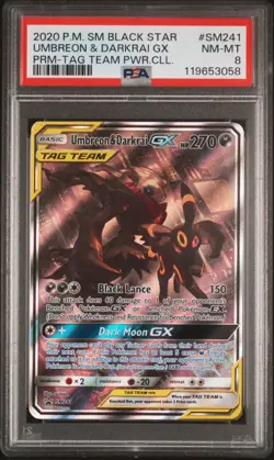 2020 POKEMON SM BLACK STAR PROMO TAG TEAM POWERS COLL UMBREON & DARKRAI GX PSA 8 - Image 1