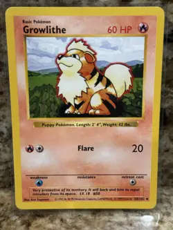 Growlithe 28/102 Base Set Shadowless Vintage Pokemon Card WOTC TCG English LP - Image 1