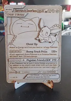Custom Wood Eevee & Snorlax GX Tag Team Pokemon Card SM169/Promo - Image 1
