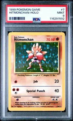 1999 Pokemon Base Set Unlimited English 7/102 Hitmonchan Holo PSA 9 - Image 1