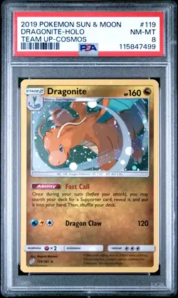 2019 POKEMON SUN & MOON TEAM UP COSMOS #119 DRAGONITE-HOLO PSA 8 - Image 1