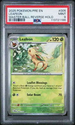 PSA 9 Leafeon Master Ball Pattern 005/131 Sv: Prismatic Evolutions Holo Pokemon - Image 1