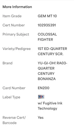 2024 Yugioh Colossal Fighter #EN200 RA03-Quarter Century Bonanza (QCSR) PSA 10! - Image 4