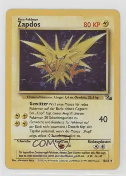 Zapdos Holo German Pokemon Fossil #15 1999 15fy - Image 1
