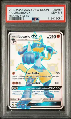 Pokemon Lucario GX SV64/SV94 PSA 10 Gem Mint SM Hidden Fates Shiny Full Art - Image 1