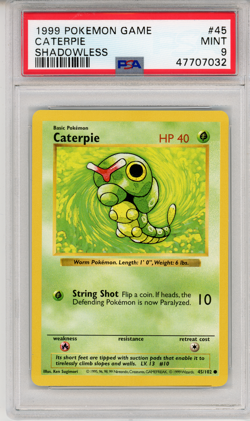 1999 POKEMON GAME CATERPIE SHADOWLESS - PSA 9 - #45 45/102 MINT GENUINE - Image 1