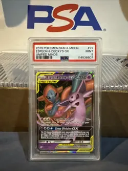 2019 POKEMON SUN & MOON UNIFIED MINDS #72 ULTRA RARE ESPEON & DEOXYS GX PSA 9 - Image 1