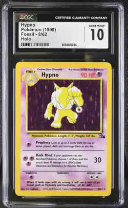 CGC 10 GEM MINT Hypno 1999 Fossil 8/62 Holo Pokemon Card psa - Image 1
