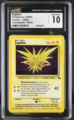 CGC 10 GEM MINT Zapdos 1999 Fossil 15/62 Corrected Holo Pokemon Card - Image 1