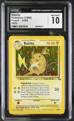 CGC 10 GEM MINT Raichu 1999 Fossil 14/62 Holo Pokemon Card - Image 1