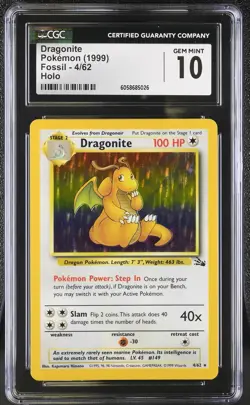 CGC 10 GEM MINT Dragonite 1999 Fossil 4/62 Holo Pokemon Card - Image 1