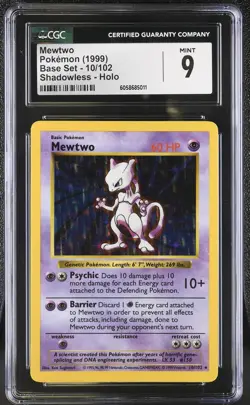 CGC 9 MINT Mewtwo 1999 Base Set 10/102 Shadowless Holo Pokemon Card - Image 1