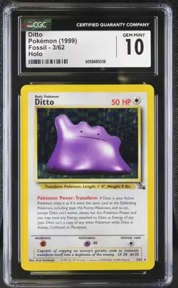 CGC 10 GEM MINT Ditto 1999 Fossil 3/62 Holo Pokemon Card psa - Image 1