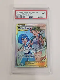 2019 Pokemon Sun & Moon Cosmic Eclipse Full Art Mallow & Lana #231 PSA 9 MINT - Image 1
