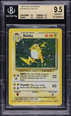 1999 Pokemon Base Set Holo Raichu #14 BGS 9.5 Quad GEM MINT - Image 1