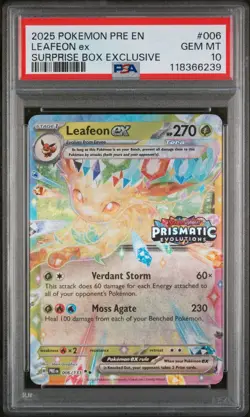 PSA 10 Leafeon ex 006 Stamped Prismatic Evolutions Surprise Box Pokemon Card - Image 1